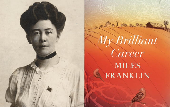 Miles Franklin beside her novel My Brilliant Career