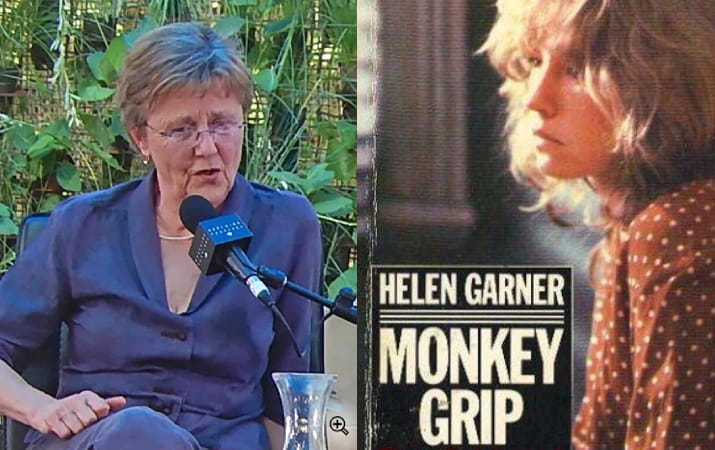 Helen Garner beside her novel Monkey Grip