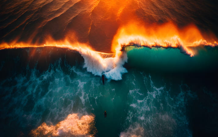 An AI generated overhead image of a distant surfer on a glowing surf