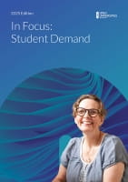 Cover of the report titled ‘In focus: student demand, 2025 edition,’ featuring Wendy, a smiling student.