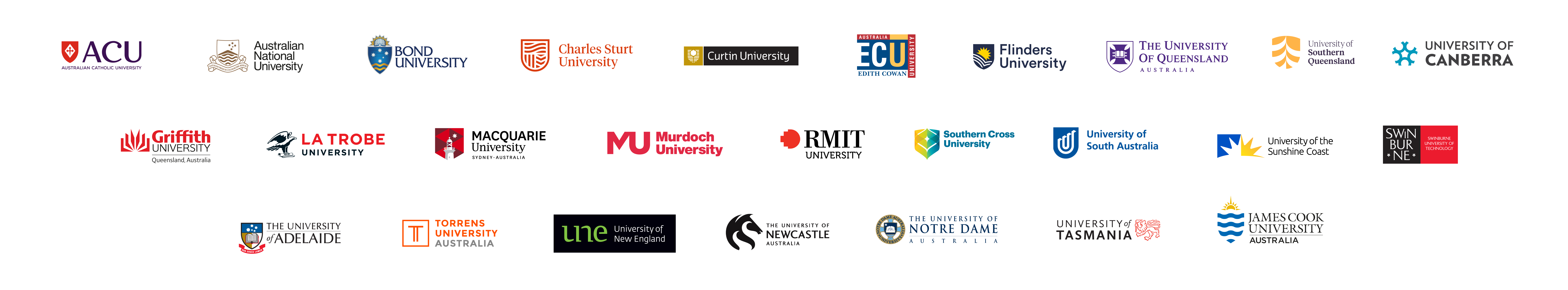 The logos of all the universities that are a part of Open Universities Australia's marketplace as of January 2025