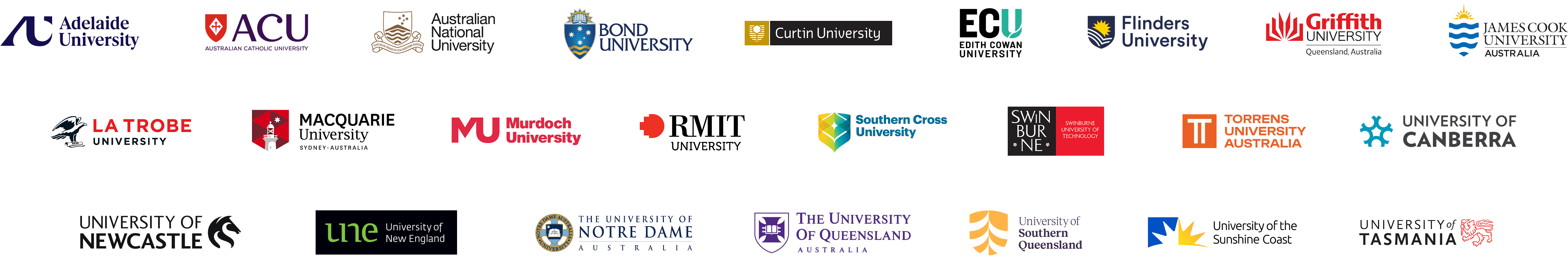 The logos of all the universities that are a part of Open Universities Australia's marketplace as of October 2025.