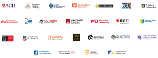 The logos of all the universities that are a part of Open Universities Australia's marketplace as of January 2024